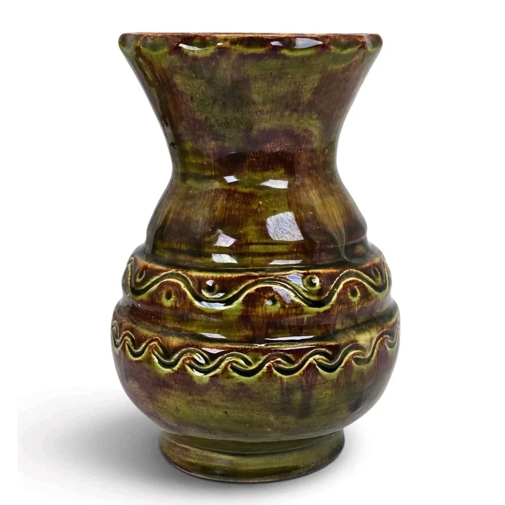 Signed Studio Pottery Vase Olive Green Brown Glaze Incised Design 6.75